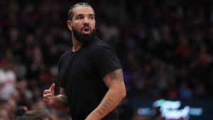 Drake reacts to a foul call during second half NBA first round playoff action between the the Toronto Raptors and Philadelphia 76ers in Toronto on Wednesday April 20, 2022. THE CANADIAN PRESS/Nathan Denette