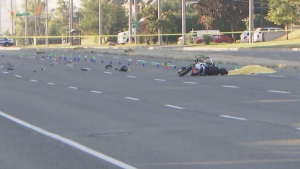 A large amount of debris can be seen after a fatal motorcycle collision in Brampton overnight.