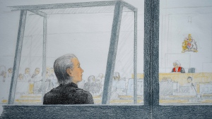 In this courtroom sketch, Aydin Coban is pictured at B.C. Supreme Court, in New Westminster, B.C., on Monday, June 6, 2022. The Dutch man accused of extorting and harassing British Columbia teenager Amanda Todd more than a decade ago has pleaded not guilty to five criminal charges. THE CANADIAN PRESS/Jane Wolsak 