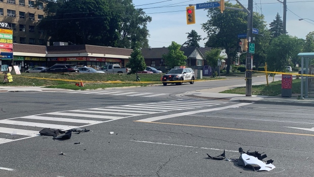 Debris is seen at the corner of Kennedy and Merrian roads after a collision on Aug. 7, 2022. (Beatrice Vaisman/CP24)