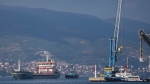 The cargo ship Polarnet, left, arrives to Derince port in the Gulf of Izmit, Turkey, Monday Aug. 8, 2022. The first of the ships to leave Ukraine under a deal to unblock grain supplies amid the threat of a global food crisis arrived at its destination in Turkey on Monday. (AP Photo/Khalil Hamra)