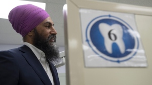 NDP Leader Jagmeet Singh is seen in a dental hygienist training facility at a college in Sudbury, Ontario on Wednesday, September 18, 2019. THE CANADIAN PRESS/Adrian Wyld