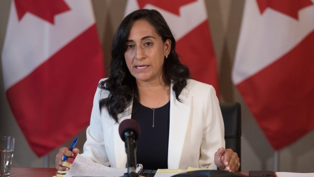 Minister of National Defence Anita Anand speaks during a press conference in Toronto, on Thursday, August 4, 2022. CANADIAN PRESS/ Tijana Martin