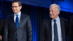 Candidates Pierre Poilievre, left, and  Jean Charest  leave the stage after after the French language Conservative Leadership debate Wednesday, May 25, 2022  in Laval, Que..THE CANADIAN PRESS/Ryan Remiorz