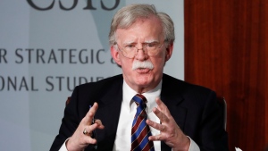 Former National security adviser John Bolton gestures while speaking at the Center for Strategic and International Studies (CSIS) in Washington, Sept. 30, 2019. An Iranian operative is charged in plot to murder Bolton, a Trump administration national security adviser. (AP Photo/Pablo Martinez Monsivais, File)