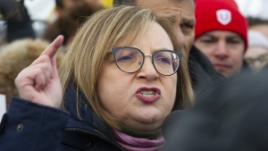 Lana Payne, secretary and treasurer for Unifor, speaks during a rally on the picket line outside the Co-op Refinery in Regina on Wednesday, Jan. 22, 2020. Unifor says Payne has been elected as the new president of Canada's largest private sector union, the first woman to hold the position. THE CANADIAN PRESS/Mark Taylor