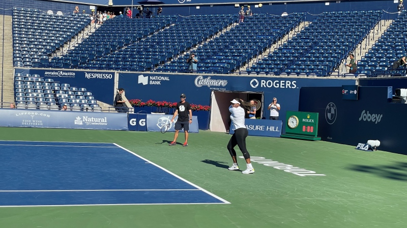 Serena Williams practices before her match at the National Bank Open. (CTV Toronto/Corey Baird)