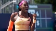 FILE - Coco Gauff celebrates taking the first set during her match against Elena Rybakina during National Bank Open tennis action in Toronto, Wednesday, August 10, 2022. THE CANADIAN PRESS/Chris Young