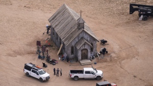 This aerial photo shows part of the Bonanza Creek Ranch film-set in Santa Fe, N.M., on Oct. 23, 2021. New Mexico's Office of the Medical Investigator has determined that the fatal film-set shooting of a cinematographer by actor and producer Alec Baldwin last year was an accident. (AP Photo/Jae C. Hong, File)
Jae C. Hong