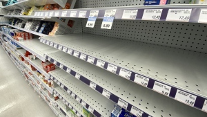 Empty shelves of children's pain relief medicine are seen at a Toronto pharmacy Wednesday, August 17, 2022. Pharmacists say Ontario drugstores are facing shortages of common children's pain relievers amid sporadic supply disruptions across the country. THE CANADIAN PRESS/Joe O'Connal