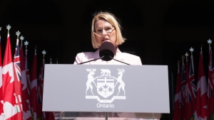 Sylvia Jones, Deputy Premier and Minister of Health takes her oath at the swearing-in ceremony at Queen’s Park in Toronto on June 24, 2022. Ontario is set to announce a plan today to stabilize the health-care system as a staffing crisis continues within hospitals across the province. THE CANADIAN PRESS/Nathan Denette