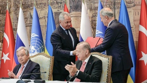 FILE - In this handout photo released by Russian Defense Ministry Press Service, Turkish President Recep Tayyip Erdogan, right, and U.N. Secretary General, Antonio Guterres, sit as Russian Defense Minister Sergei Shoigu, top left, and Turkish Defense Minister Hulusi Akar, top right, exchange documents during a signing ceremony at Dolmabahce Palace in Istanbul, Turkey, Friday, July 22, 2022. Ukrainian President Volodymyr Zelenskyy on Thursday, Aug. 18, 2022 is set to host his Turkish counterpart and the U.N. chief for talks about the implementation of a deal to resume Ukraine grain exports, the volatile situation at a Russia-occupied nuclear power plant and diplomatic efforts to help end the war. (Vadim Savitsky, Russian Defense Ministry Press Service via AP, File)