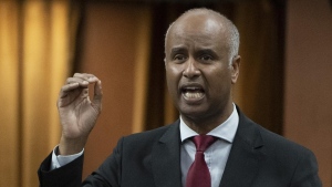 Housing and Diversity and Inclusion Minister Ahmed Hussen rises during Question Period, Thursday, June 2, 2022 in Ottawa. Hussen has asked Canadian Heritage to “look closely at the situation" after what he called “unacceptable behaviour” by Laith Marouf, a senior consultant involved in the government-funded project to combat racism in broadcasting. THE CANADIAN PRESS/Adrian Wyld