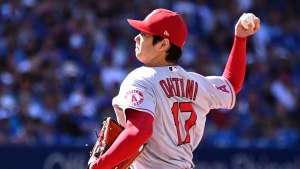 Los Angeles Angels starting pitcher Shohei Ohtani (17) throws to a Toronto Blue Jays batter during first inning American League baseball action in Toronto on Saturday, August 27, 2022. THE CANADIAN PRESS/Jon Blacker