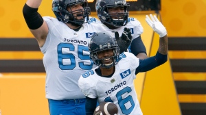 Toronto Argonauts wide receiver Brandon Banks (16) waves at the Hamilton fans after making his second touchdown of the game during second half CFL football game action against the Hamilton Tiger Cats in Hamilton, Ont. on Monday, September 5, 2022. THE CANADIAN PRESS/Peter Power
