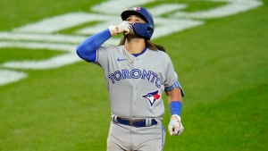 Toronto Blue Jays' Bo Bichette runs the bases after hitting a solo home run against the Baltimore Orioles during the seventh inning of the second game of a baseball doubleheader, Monday, Sept. 5, 2022, in Baltimore. (AP Photo/Julio Cortez)