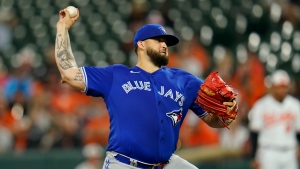 Toronto Blue Jays starting pitcher Alek Manoah throws a pitch to the Baltimore Orioles during the second inning of a baseball game, Wednesday, Sept. 7, 2022, in Baltimore. (AP Photo/Julio Cortez)