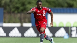 Hugo Mbongue is seen during practice in an undated handout photo. Toronto FC has signed 18-year-old Mbongue, the younger brother of former TFC midfielder Ralph Priso, to a homegrown contract through 2025 with an option for 2026. THE CANADIAN PRESS/HO-Toronto FC, Lucas Kschischang, *MANDATORY CREDIT*
