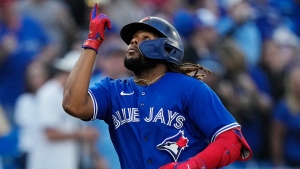 Toronto Blue Jays first baseman Vladimir Guerrero Jr. (27) celebrates his solo home run against the Tampa Bay Rays during first inning MLB action in Toronto, Wednesday, Sept. 14, 2022. THE CANADIAN PRESS/Frank Gunn