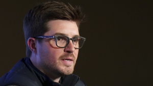 Toronto Maple Leafs general manager Kyle Dubas speaks during a press conference in Toronto on Tuesday, May 17, 2022. Signed to a five-year contract when he took the reins as Toronto Maple Leafs general manager at age 32 in the spring of 2018, Dubas has helped lay the groundwork for the franchise to reach unparalleled regular-season success. THE CANADIAN PRESS/Nathan Denette