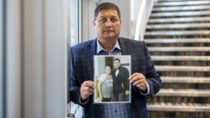 Mark Arcand, who's sister Bonnie Burns was killed during a series of violence attacks at James Smith Cree Nation holds a photo in Saskatoon, Wednesday, September 7, 2022. THE CANADIAN PRESS/Liam Richards
Liam Richards