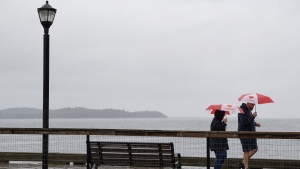 Pedestrians shield themselves with umbrellas while walking along the Halifax waterfront as rain falls ahead of Hurricane Fiona making landfall in Halifax, Friday, Sept. 23, 2022. THE CANADIAN PRESS/Darren Calabrese