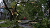 Georgina Scott surveys the damage on her street in Halifax as post tropical storm Fiona continues to batter the Maritimes on Saturday, September 24, 2022. THE CANADIAN PRESS/Darren Calabrese