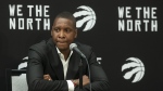 Toronto Raptors president Masai Ujiri speaks to reporters at the Raptors media day availability, in Toronto, Monday, Sept. 26, 2022. THE CANADIAN PRESS/Chris Young