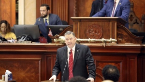 South Carolina Rep. John McCravy, R-Greenwood, talks about a total ban on abortion he has proposed during the House session on Tuesday, Aug. 30, 2022, in Columbia, S.C. (AP Photo/Jeffrey Collins)