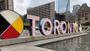 A new wrap has been unveiled at the city's popular Toronto sign in recognition of UNESCO’s International Decade of Indigenous Languages. (Patrick Darrah/CTV News)