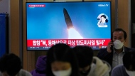 A TV screen shows a file image of North Korea's missile launch during a news program at the Seoul Railway Station in Seoul, South Korea, Thursday, Sept. 29, 2022. In a show of defiance, North Korea fired at least one ballistic missile into the sea on Thursday, hours after U.S. Vice President Kamala Harris flew home from a visit to South Korea during which she emphasized the "ironclad" U.S. commitment to the security of its Asian allies. (AP Photo/Ahn Young-joon)