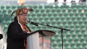 AFN National Chief RoseAnne Archibald speaks at a Miyo-wiciwitowin Day event at Mosaic Stadium in Regina, Thursday, Sept. 29, 2022. The national chief of the Assembly of First Nations says today's National Day of Truth and Reconciliation is about the survivors who suffered in Canada's residential schools and the children who never made it home. THE CANADIAN PRESS/Michael Bell
