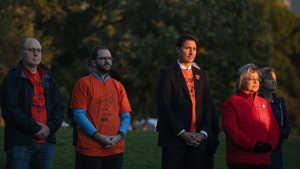 Prime Minister Justin Trudeau takes part in a sunrise ceremony to mark the National Day of Truth and Reconciliation in Niagara Falls, Ont. on Friday, September 30, 2022. THE CANADIAN PRESS/Nick Iwanyshyn