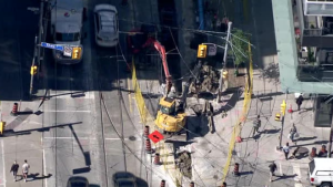 An intersection in downtown Toronto will be closed for more than a month as crews replace streetcar tracks. (Chopper 24)