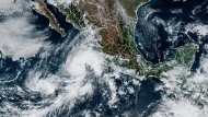 This satellite image taken at 20:20 UTC and provided by NOAA shows Tropical Storm Orlene on Saturday, Oct. 1, 2022. Orlene grew to hurricane strength Saturday and is heading for an expected landfall early next week on Mexico's northwestern Pacific coast. (NOAA via AP)