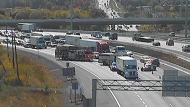 Traffic is shown backed up on the Queen Elizabeth Way in Oakville following a serious collision on Oct. 3.