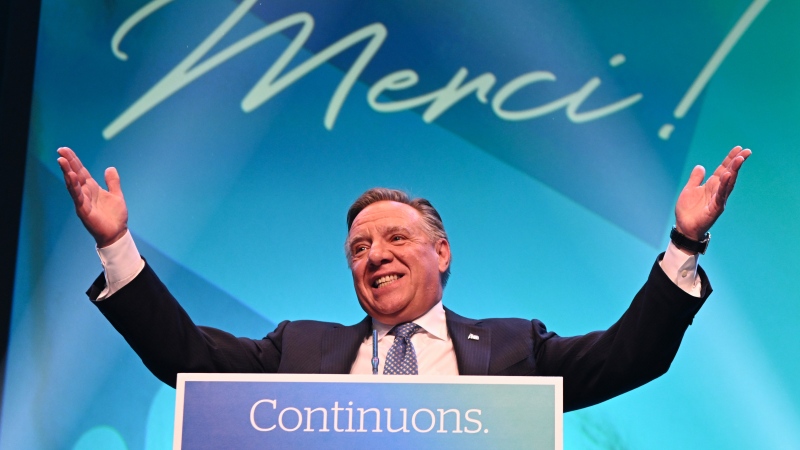 CAQ Leader Francois Legault makes his victory speech to supporters at the Coalition Avenir Quebec election night headquarters, in Quebec City, Monday, Oct. 3, 2022. THE CANADIAN PRESS/Jacques Boissinot
