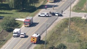 Emergency vehicles are shown at the scene of a police investigation in Caledon on Oct. 5.