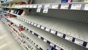 Empty shelves of children's pain relief medicine are seen at a Toronto pharmacy, Wednesday, August 17, 2022. THE CANADIAN PRESS/Joe O'Connal