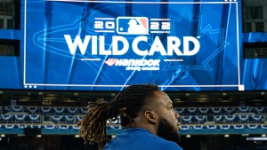 Toronto Blue Jays infielder Vladimir Guerrero Jr. (27) is photographed before practice, ahead of the team's wildcard series matchup against the Seattle Mariners in Toronto on Thursday, Oct. 6, 2022. THE CANADIAN PRESS/Alex Lupul
