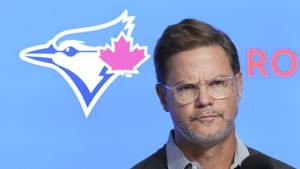 Ross Atkins, Toronto Blue Jays general manager, speaks to the media at the year end press conference, after being swept by the Seattle Mariners in the American League wild card playoff series, in Toronto on Tuesday, October 11, 2022. THE CANADIAN PRESS/Nathan Denette