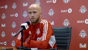Toronto FC's Michael Bradley talks to media at an end-of-season availability in Toronto, Wednesday, Oct. 12, 2022. THE CANADIAN PRESS/Neil Davidson
