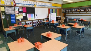 An empty classroom is shown in Scarborough, Ont., on Monday, September 14, 2020. THE CANADIAN PRESS/Nathan Denette