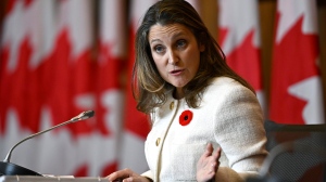 Deputy Prime Minister and Minister of Finance Chrystia Freeland holds a news conference before tabling the Fall Economic Statement in Ottawa, on Thursday, Nov. 3, 2022. THE CANADIAN PRESS/Justin Tang
