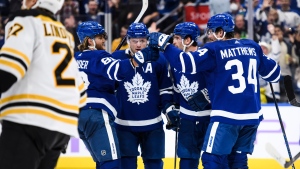 Toronto Maple Leafs celebrate after forward Auston Matthews (34) scored during second period NHL hockey action against the Toronto Maple Leafs, in Toronto on Saturday, Nov. 5, 2022. THE CANADIAN PRESS/Christopher Katsarov