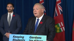 Ontario Premier Doug Ford and Education Minister Stephen Lecce speak at a news conference on Nov. 7, 2022. 