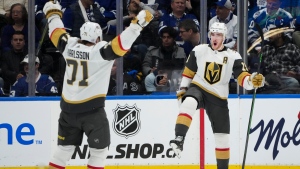 Vegas Golden Knights forward Reilly Smith (19) reacts after scoring the game winning goal in overtime against the Toronto Maple Leafs during NHL hockey action in Toronto on Tuesday, November 8, 2022. THE CANADIAN PRESS/Nathan Denette 