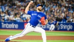 Toronto Blue Jays pitcher Anthony Bass (52) throws the ball during ninth inning MLB baseball action against the New York Yankees, in Toronto on Tuesday, September 27, 2022. THE CANADIAN PRESS/Christopher Katsarov