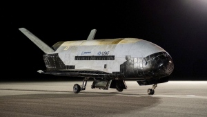 The Boeing-built X-37B Orbital Test Vehicle (OTV) is shown at NASA’s Kennedy Space Center in Florida on Saturday, Nov. 12, 2022. The unmanned U.S. military space plane landed early Saturday after spending a record 908 days in orbit for its sixth mission and conducting science experiments. The solar-powered vehicle, which looks like a miniature space shuttle, landed at NASA’s Kennedy Space Center. Its previous mission lasted 780 days. (Boeing /U.S. Space Force via AP)