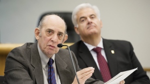 Montreal city councillor Marvin Rotrand, left, and Montreal West mayor Beny Masella attend a news conference in Montreal, Friday, April 5, 2019. A Jewish group is calling on a Montreal venue to cancel a performance by a French rapper whose music it describes as openly hateful and anti-semitic. THE CANADIAN PRESS/Graham Hughes